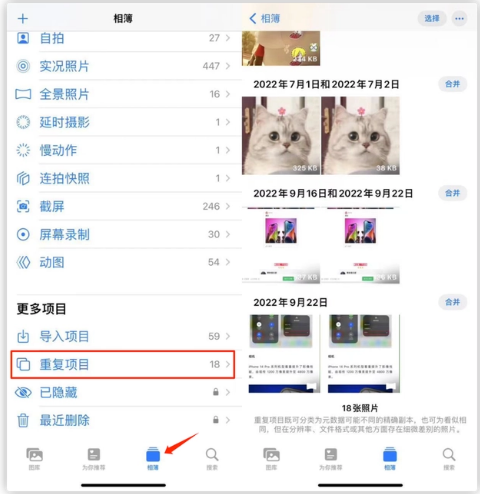 宕昌苹果手机维修分享iOS 16 中相册重复项目功能使用方法 