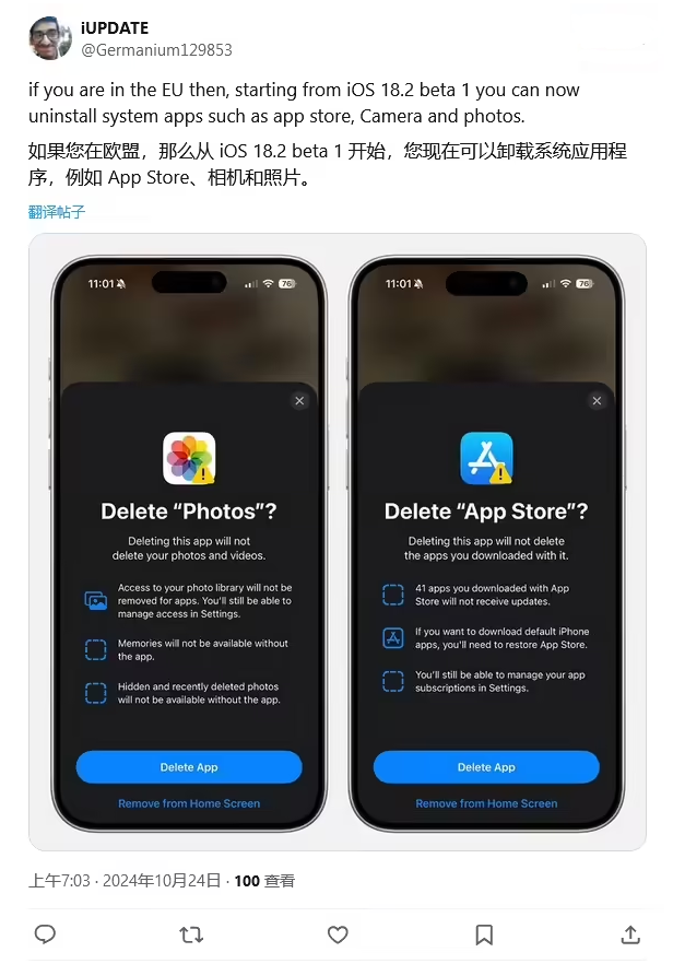 宕昌苹果手机维修分享iOS 18.2 支持删除 App Store 应用商店 