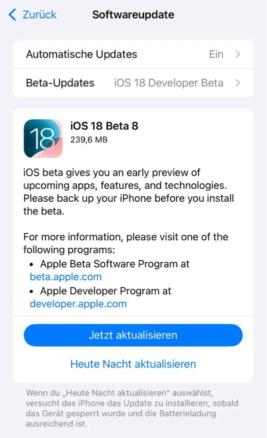 宕昌苹果手机维修分享苹果 iOS / iPadOS 18 开发者预览版 Beta 8 发布 